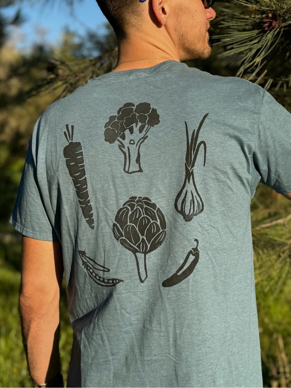 Hand Block Printed Vegetable T-Shirt | Men’s Farmer’s Market Graphic Tee | Large